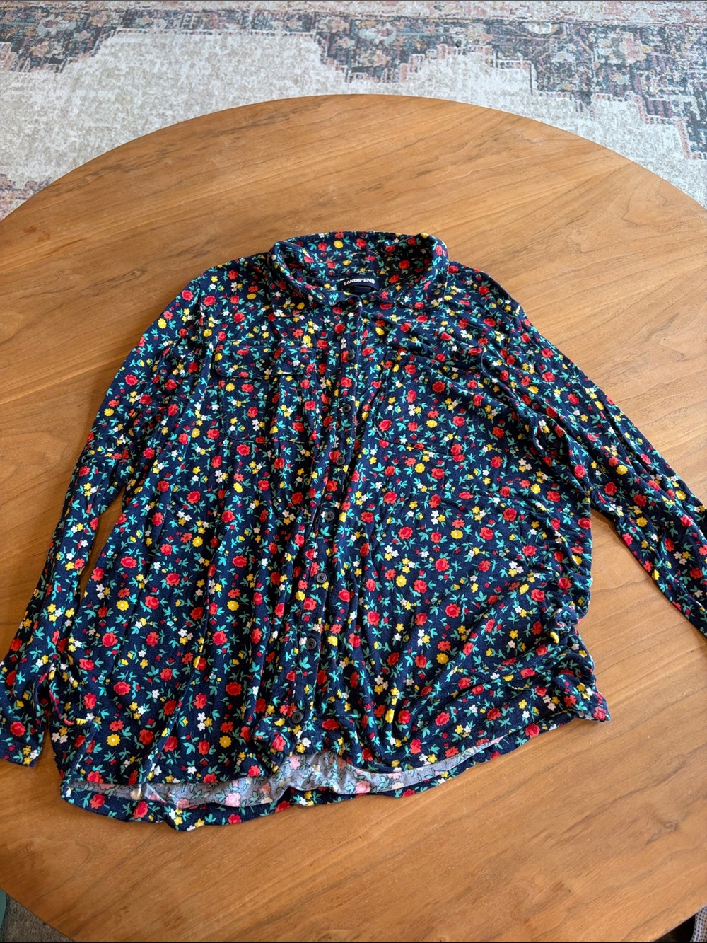 Floral Button-Up Blouse in Navy with Red & Yellow Flowers